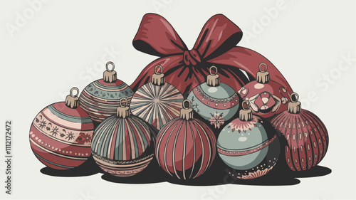 Red ribbon-wrapped retro baubles with intricate patterns on white background