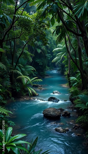 A jungle with a river in the middle