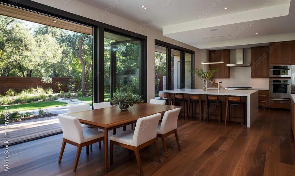 Modern dining area with large windows and a view of greenery. Modern dining area with large windows and a view of greenery.