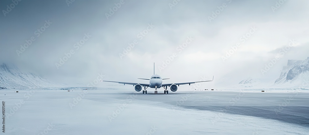 Modern airplane on a snow-covered runway under a dramatic cloudy sky, showcasing aviation in extreme weather conditions, serene white landscape in winter scenery Modern airplane on a snow-covered runway under a dramatic cloudy sky, showcasing aviation in extreme weather conditions, serene white landscape in winter scenery