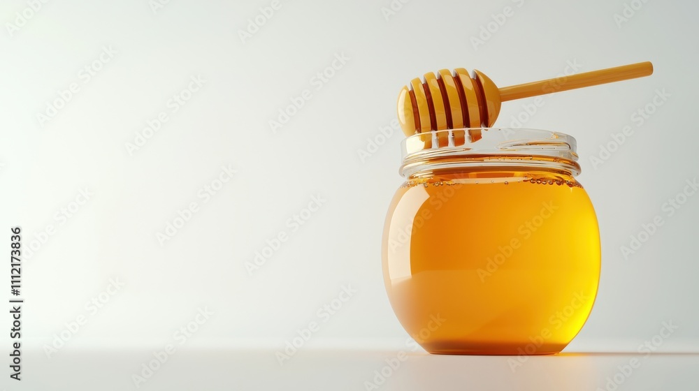 Golden Honey Jar with Wooden Dipper on Rustic Table Golden Honey Jar with Wooden Dipper on Rustic Table