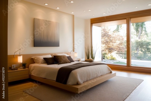 Modern bedroom with minimalist design and large windows.