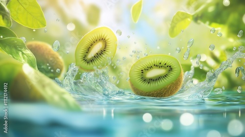 Kiwi Slices Splashing in Clear Water