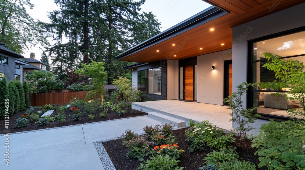 Modern home entrance with landscaped garden and evening lighting. Modern home entrance with landscaped garden and evening lighting.