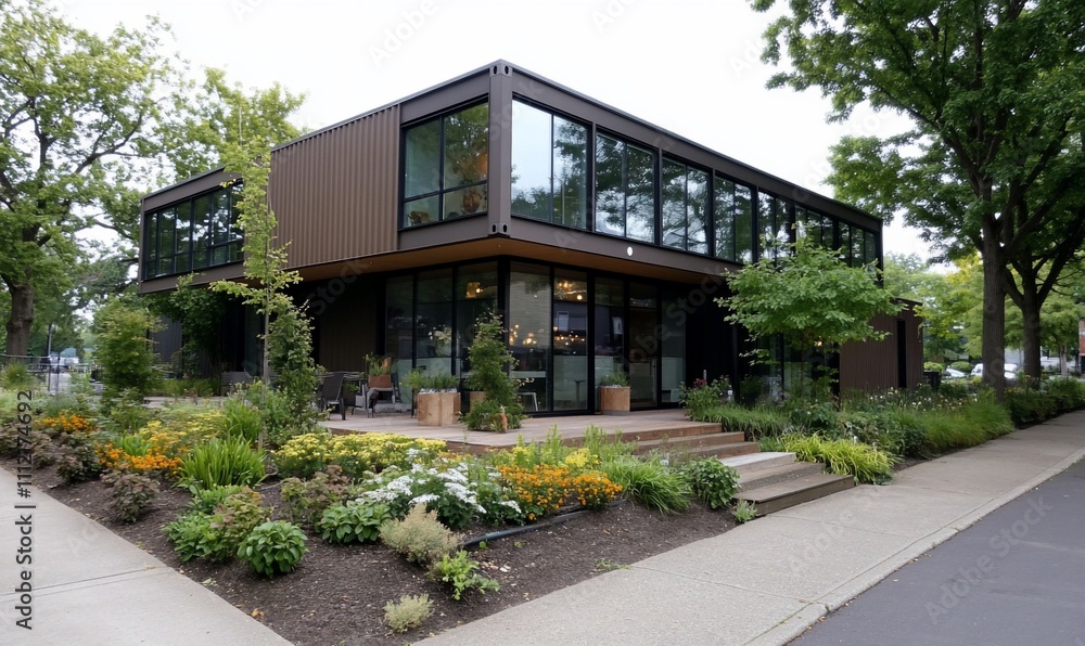 Modern building with large windows and landscaped garden. Modern building with large windows and landscaped garden.