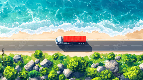 Top view of road running along sea coast. Vector cartoon illustration of trucks and autos seen from above riding coastline highway on summer day, rocky stones on green lawn, blue water washing shore 