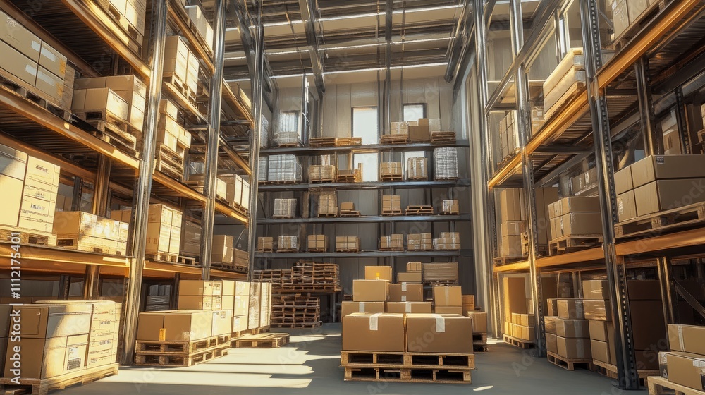 A modern warehouse interior rendered in vivid detail, showing boxes on wooden pallets arranged neatly on tall steel shelves A modern warehouse interior rendered in vivid detail, showing boxes on wooden pallets arranged neatly on tall steel shelves
