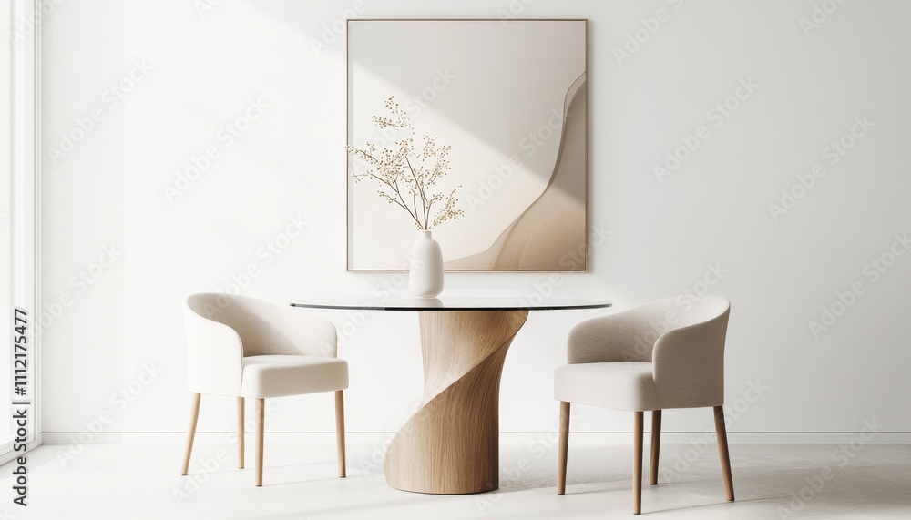 Fototapeta premium modern circular dining table with glass surface, surrounded by stylish chairs, creates serene dining space. minimalist decor and soft colors enhance tranquil atmosphere