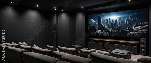 A modern home theater setup featuring a sleek black design and premium audio system