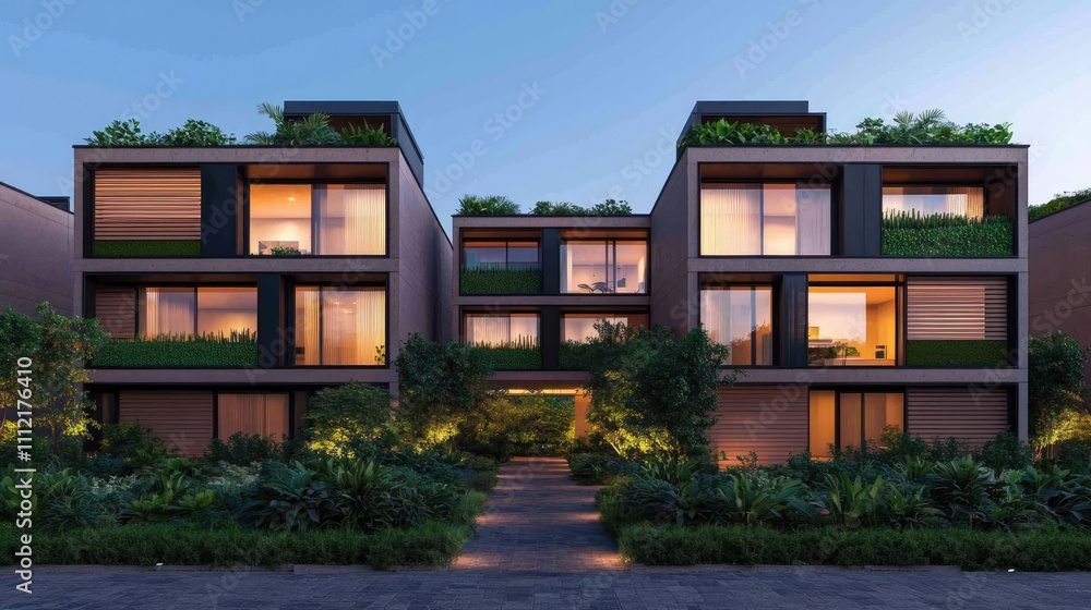 Modern residential building with greenery at twilight, elegantly designed. Modern residential building with greenery at twilight, elegantly designed.