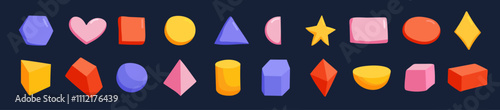 A minimalistic collection of colorful hand drawn geometric shapes, including squares, circles, triangles, and pyramids, designed for kids education, math, and creative learning.