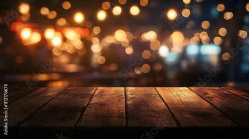 image of wooden table in front of abstract blurred background of resturant lights