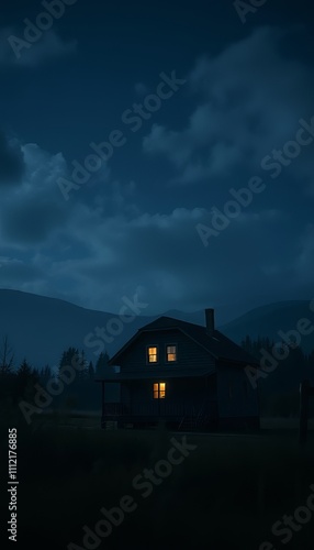 A cinematic photograph of a house in the light of night