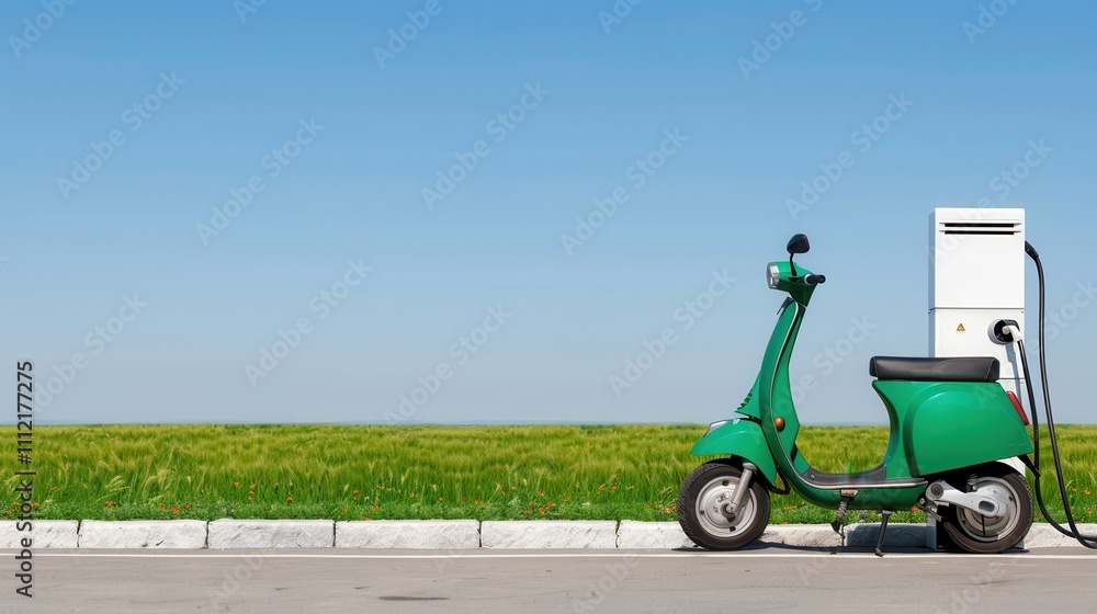 Fototapeta premium Battery replacement restores energy. Eco-friendly scooter at charging station