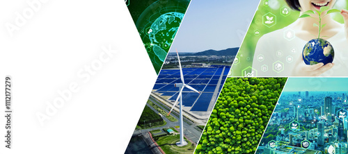 environment, sdgs, sustainability, ecology, nature, gx, sx, collage, advertisement, green, sustainable, earth, renewable energy, solar panel, photovoltaic power generation, wind power generation, clea photo