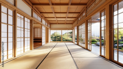 Japanese traditional house interior building architecture with shoji dividers and tatami. Intresting perspective