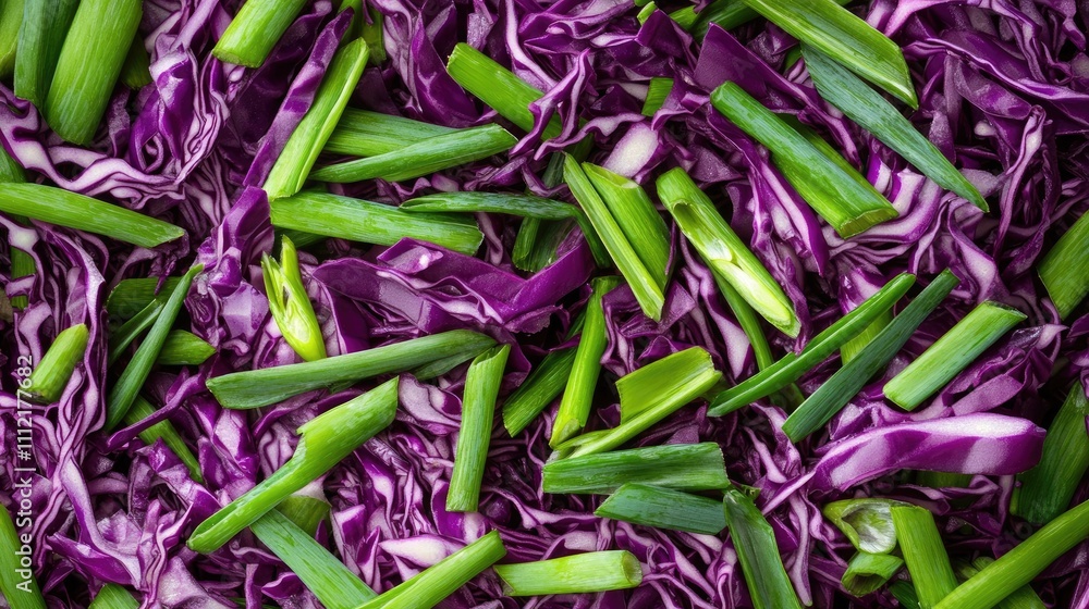 Fresh Purple Cabbage and Green Onion Placed Together on Surface Fresh Purple Cabbage and Green Onion Placed Together on Surface