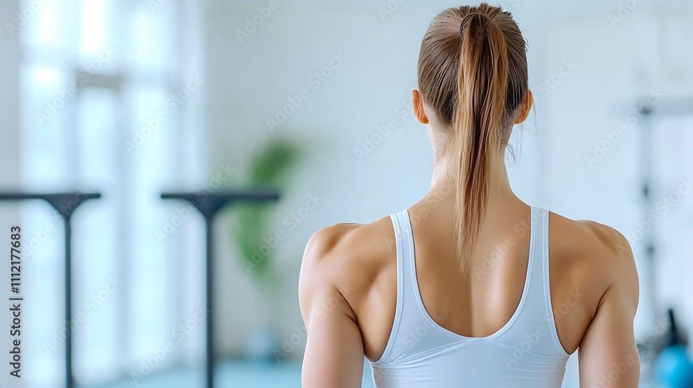 A woman with a ponytail is seen from behind, wearing a tank top in a bright, spacious gym environment, possibly preparing for a workout. A woman with a ponytail is seen from behind, wearing a tank top in a bright, spacious gym environment, possibly preparing for a workout.