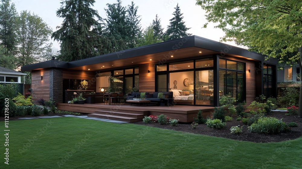 Modern home with large windows and landscaped garden. Modern home with large windows and landscaped garden.