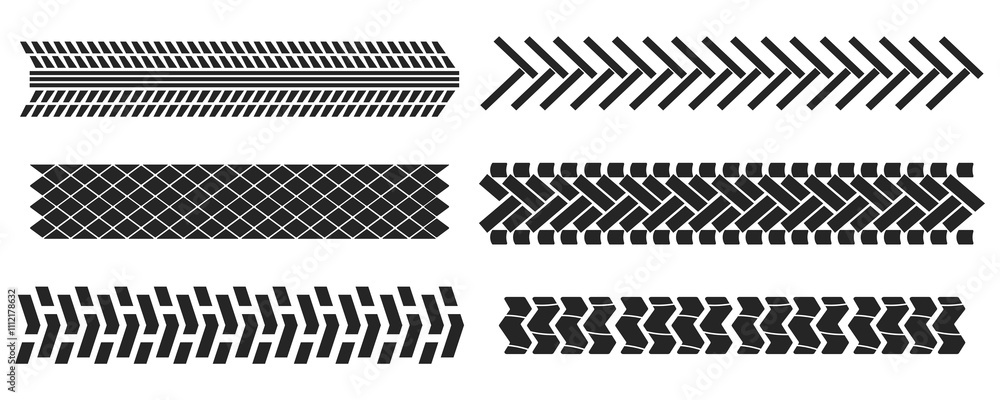 Tyre mark car or bike wheel trace, grunge textured trail silhouette. Top view, print brush stroke dirt. Speed rally dirty rubber path.