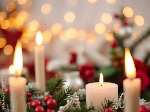 Glowing Christmas Candles & Festive Decorations: A Cozy Holiday Scene AI Generated