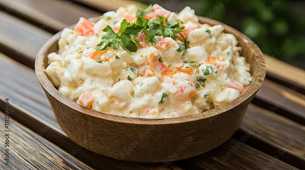 Fresh Creamy Salad with Vegetables and Herbs in Wooden Bowl Fresh Creamy Salad with Vegetables and Herbs in Wooden Bowl