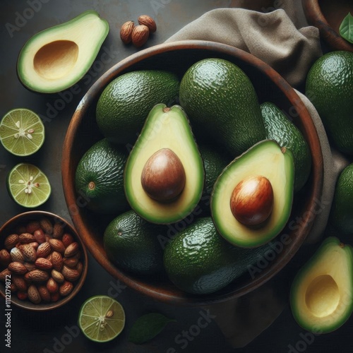 Contrast of Ripe and Ripening Hass Avocados in a Bowl photo