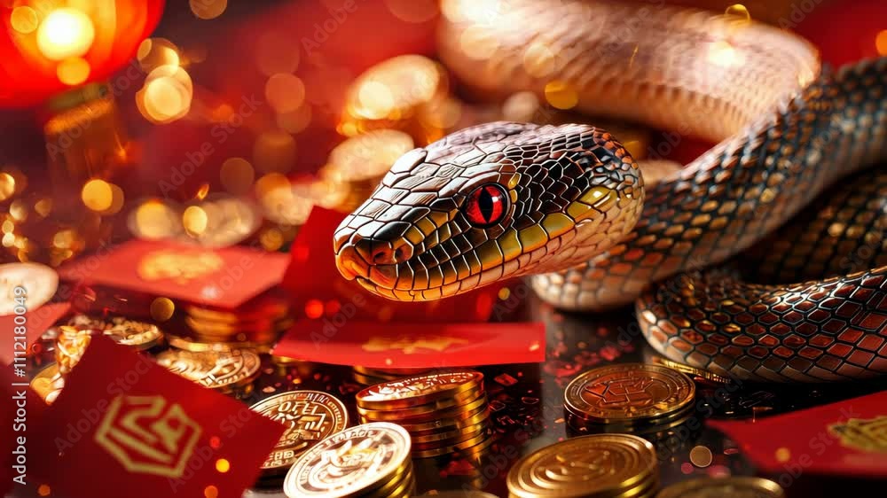 Chinese New Year luck symbols themed, Golden Snake Among Red Envelopes and Coins Symbol of Wealth and Prosperity Chinese New Year luck symbols themed, Golden Snake Among Red Envelopes and Coins Symbol of Wealth and Prosperity