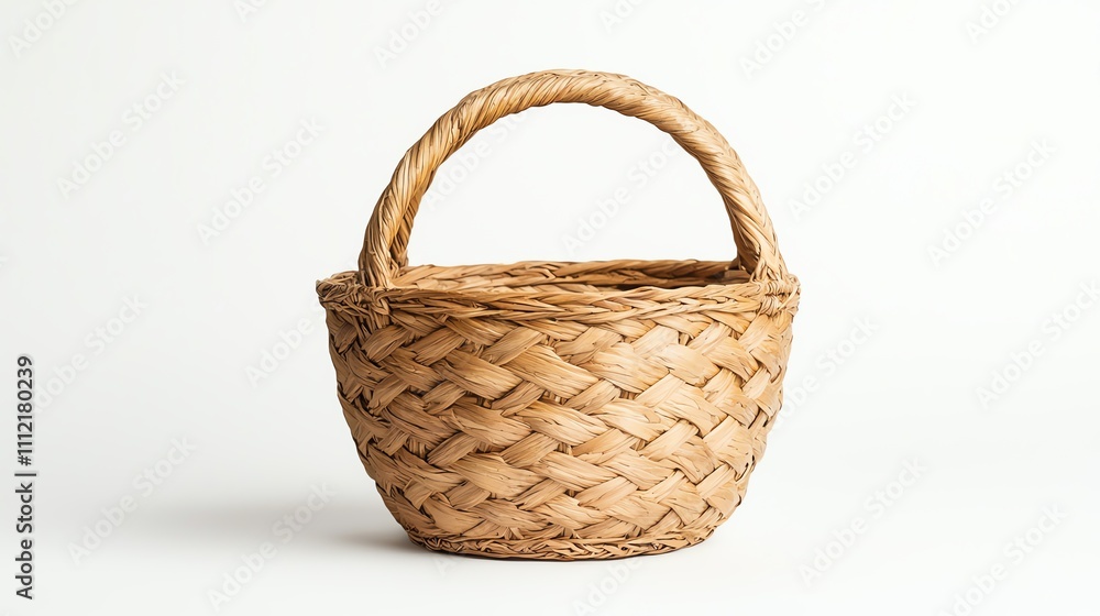 A simple, woven basket with a sturdy handle, showcasing natural materials and craftsmanship, ideal for storage or decoration. A simple, woven basket with a sturdy handle, showcasing natural materials and craftsmanship, ideal for storage or decoration.