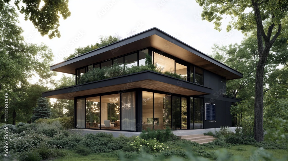 Modern house surrounded by greenery, showcasing contemporary design. Modern house surrounded by greenery, showcasing contemporary design.