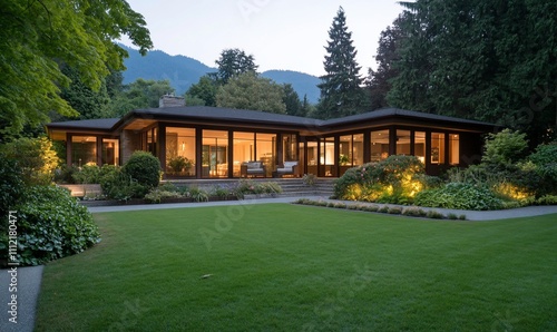 Modern home with large windows and landscaped garden at dusk.