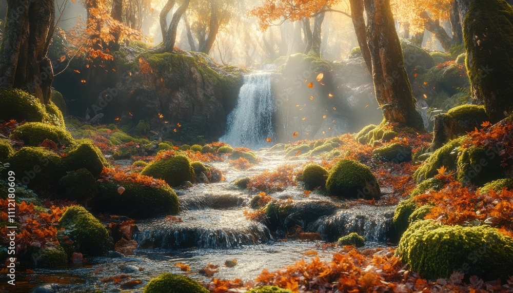 Serene Autumn Forest Landscape with Gentle Waterfall Cascading Over Mossy Rocks and Vibrant Fall Foliage Illuminated by Soft Sunlight in Nature's Peaceful Haven Serene Autumn Forest Landscape with Gentle Waterfall Cascading Over Mossy Rocks and Vibrant Fall Foliage Illuminated by Soft Sunlight in Nature's Peaceful Haven