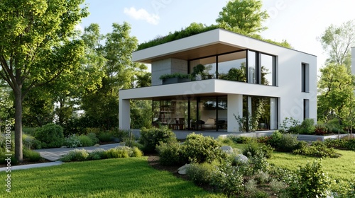 Modern house surrounded by lush greenery and landscaped gardens.