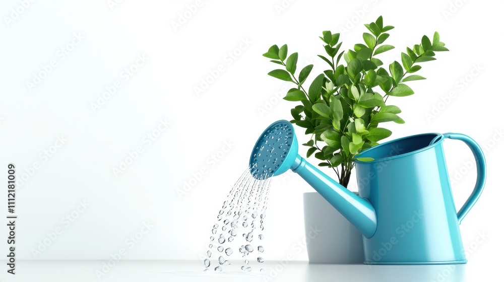 Obraz premium Watering a Lush Green Houseplant with a Turquoise Watering Can in a Bright Indoor Setting
