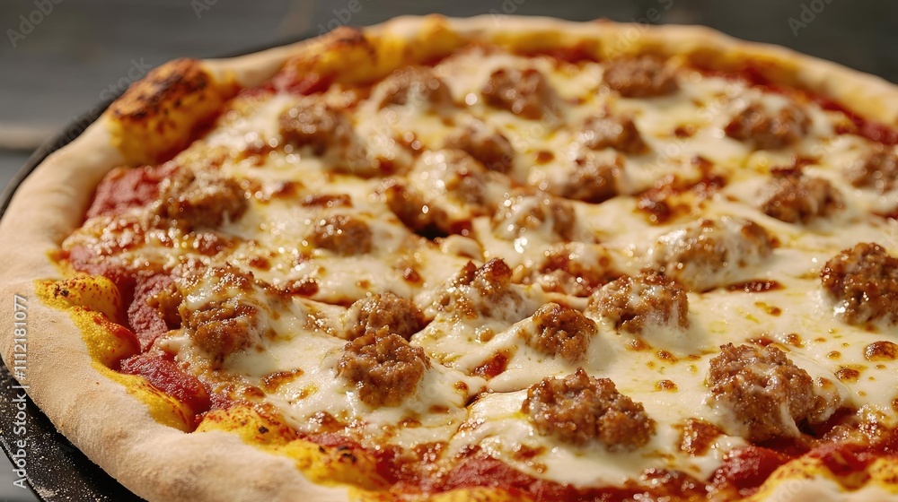 Delicious pizza with cheese and sausage toppings, freshly baked. Delicious pizza with cheese and sausage toppings, freshly baked.