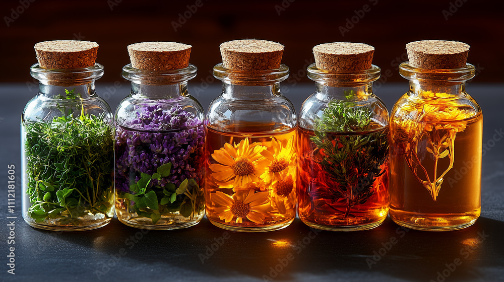 Row of Herbal Glass Bottles with Corks Row of Herbal Glass Bottles with Corks