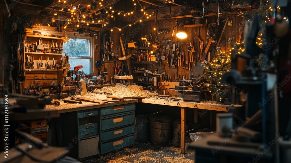 A cluttered workshop with scattered tools w abb