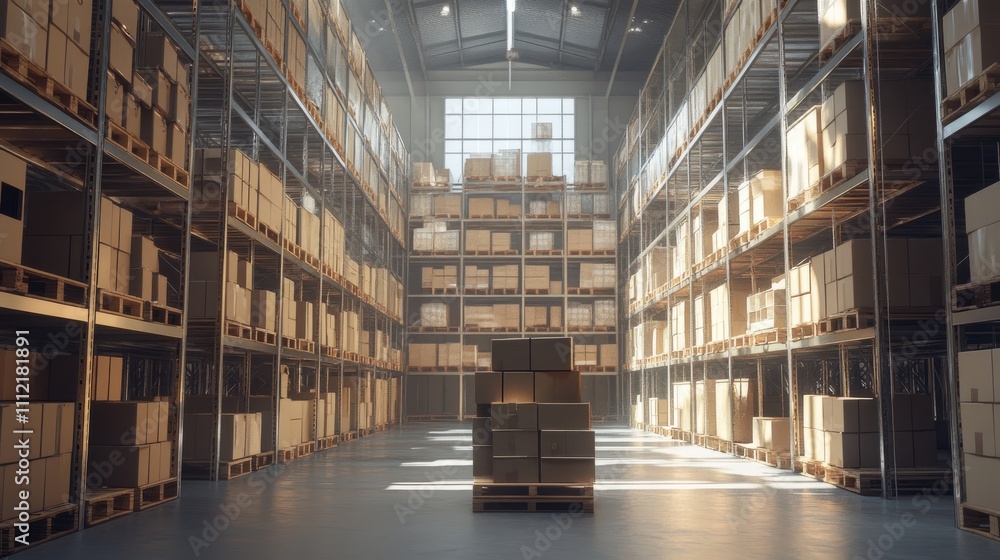 A wide view of a spacious, clean warehouse interior with towering racks filled with cardboard boxes stacked on wooden pallets A wide view of a spacious, clean warehouse interior with towering racks filled with cardboard boxes stacked on wooden pallets
