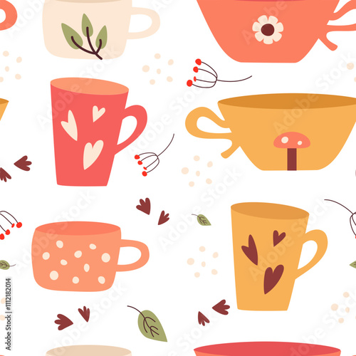 Seamless vector pattern showcasing tea and coffee cups in various shapes and sizes. Ideal for fabrics, wrapping paper, and creative backgrounds. Perfect for home decor, branding, and coffee or tea-the