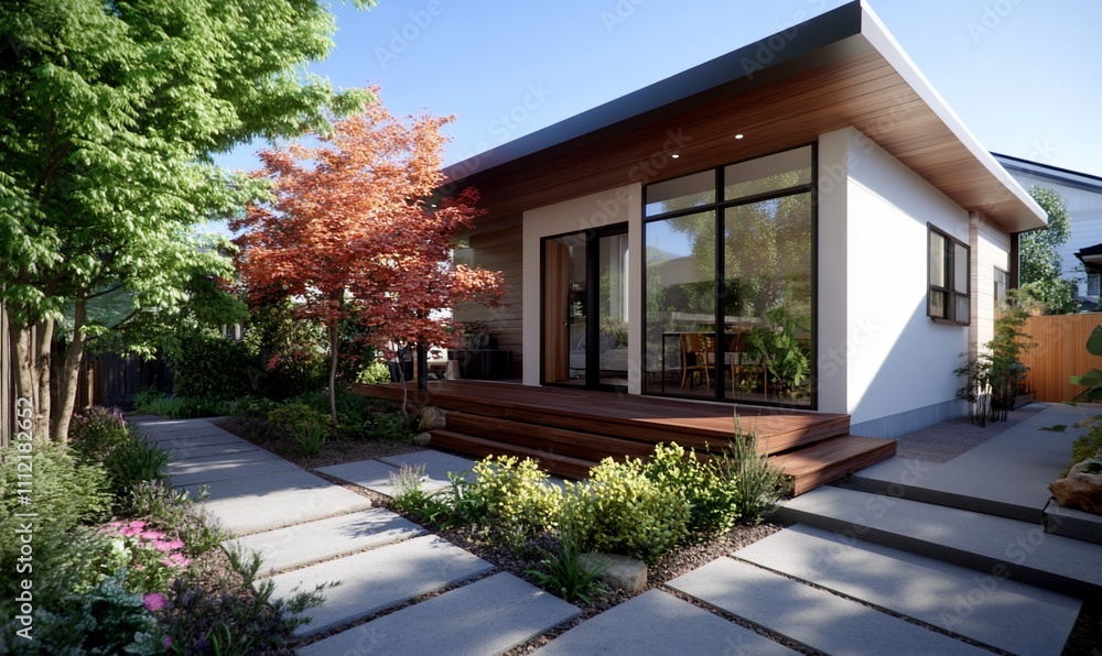 Modern house with landscaped garden and wooden deck. Modern house with landscaped garden and wooden deck.