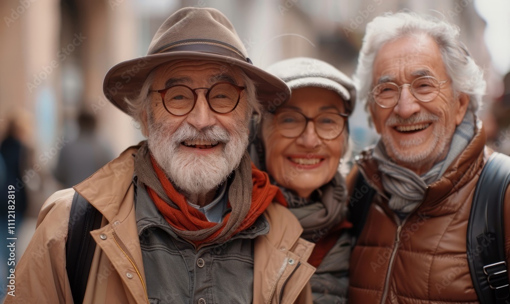 Happy group of senior people smiling at camera together outside - Delightful older friends enjoying day out walking on city street - Aged male and females pensioners hugging together outdoors Happy group of senior people smiling at camera together outside - Delightful older friends enjoying day out walking on city street - Aged male and females pensioners hugging together outdoors