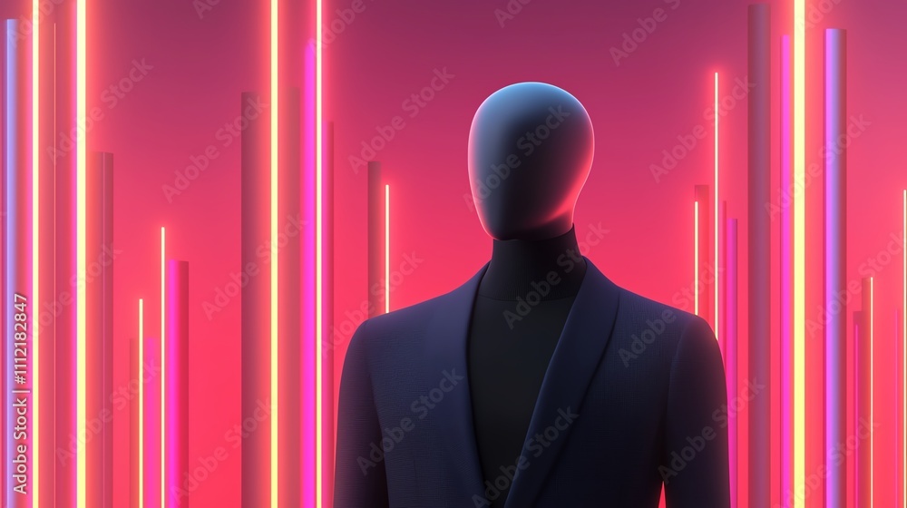 A faceless mannequin stands against a vibrant backdrop of neon lights, creating a futuristic and artistic atmosphere. A faceless mannequin stands against a vibrant backdrop of neon lights, creating a futuristic and artistic atmosphere.