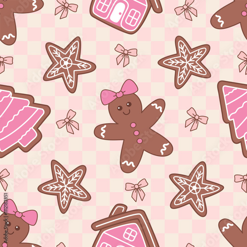 Christmas seamless pattern with   cute gingerbread man, house, snowflake