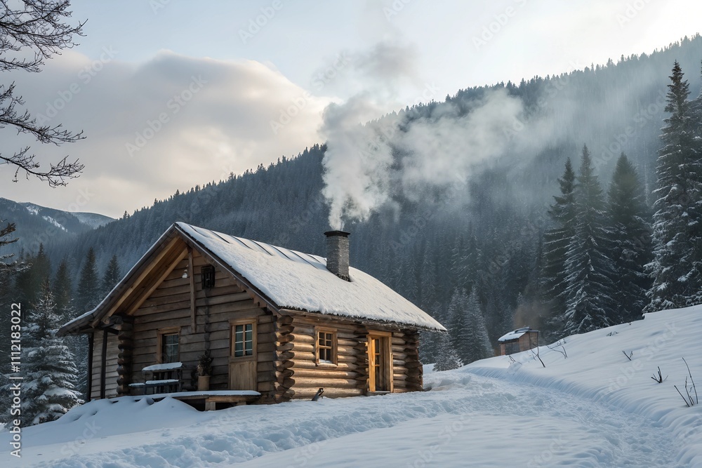 Cozy Log Cabin in the Snowy Mountains. Generative AI Cozy Log Cabin in the Snowy Mountains. Generative AI