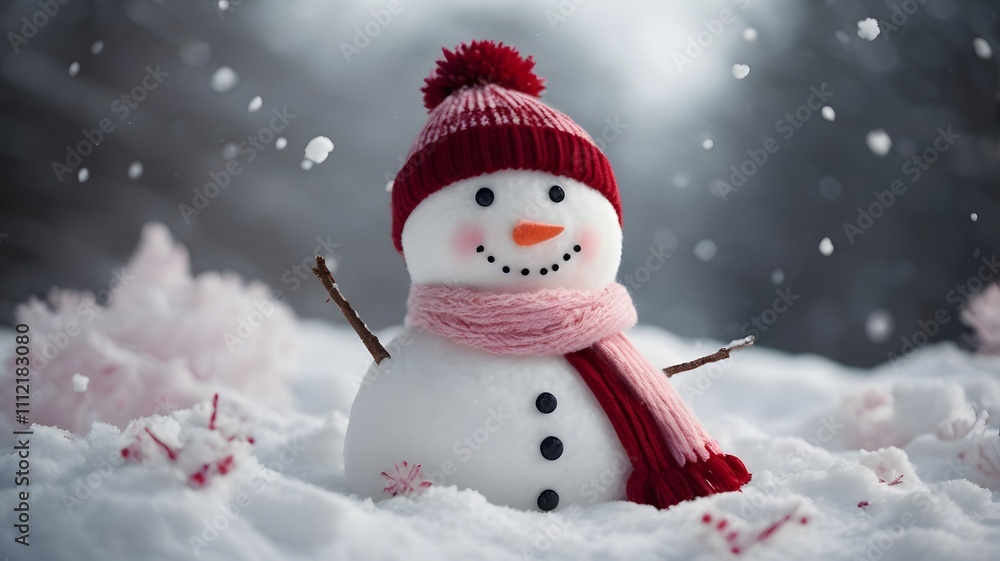 Obraz premium Snowy Magic: Cheerful Snowman in Pink Accessories