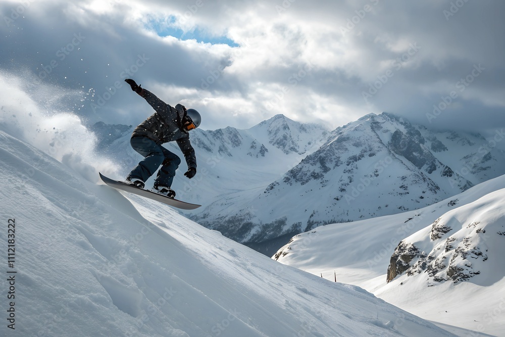 Snowboarder Carving Through Fresh Powder. Generative AI Snowboarder Carving Through Fresh Powder. Generative AI