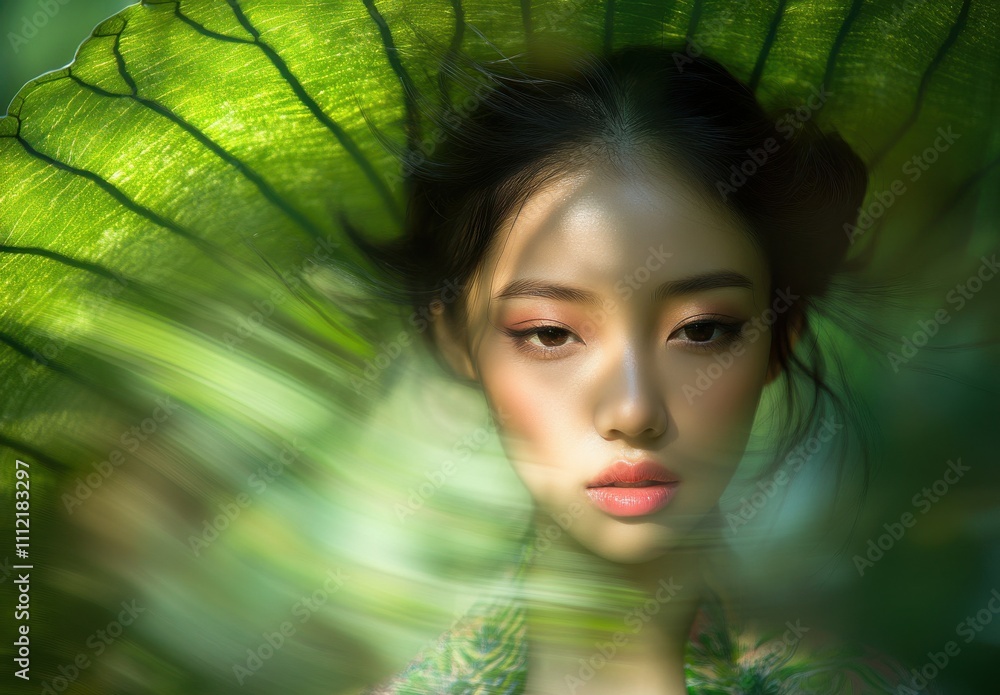 Serene Beauty of a Young Woman Surrounded by Lush Greenery and Nature's Embrace, Captured with Soft Focus and Ethereal Lighting Effects in a Dreamlike Setting Serene Beauty of a Young Woman Surrounded by Lush Greenery and Nature's Embrace, Captured with Soft Focus and Ethereal Lighting Effects in a Dreamlike Setting