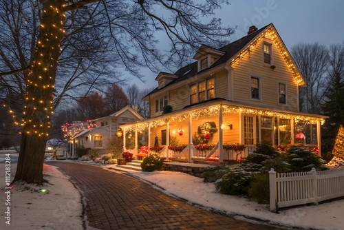 Cozy Bed and Breakfast with Festive Holiday Lights. Generative AI