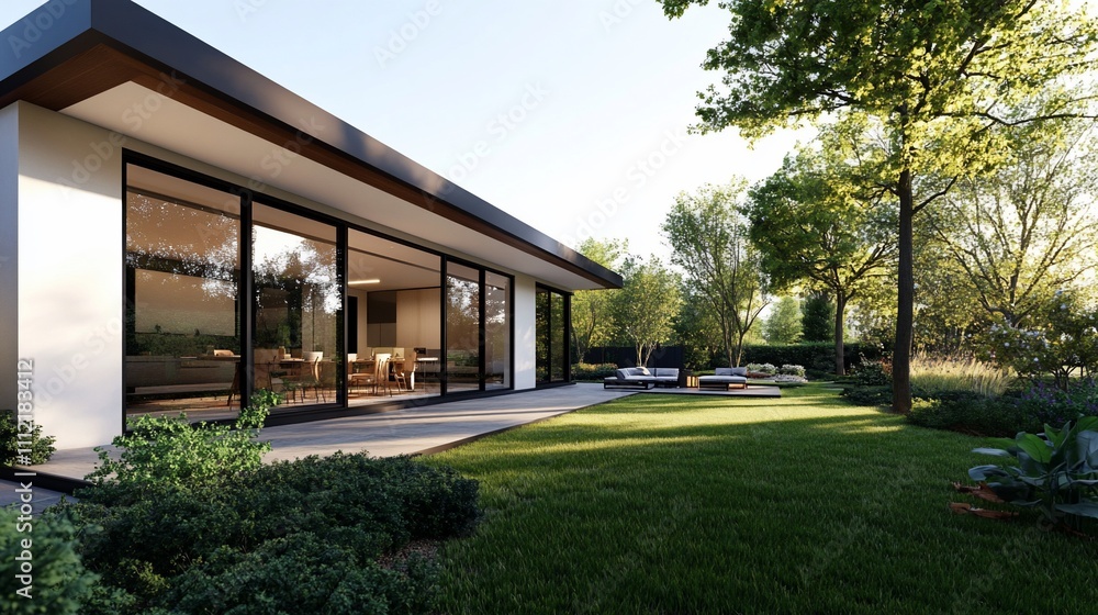 Modern house with large windows in a landscaped garden setting. Modern house with large windows in a landscaped garden setting.