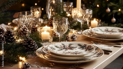 A frosted white cake with red berries and A festive tray with mugs of hot chocolate A cozy holiday table set with plates glasse